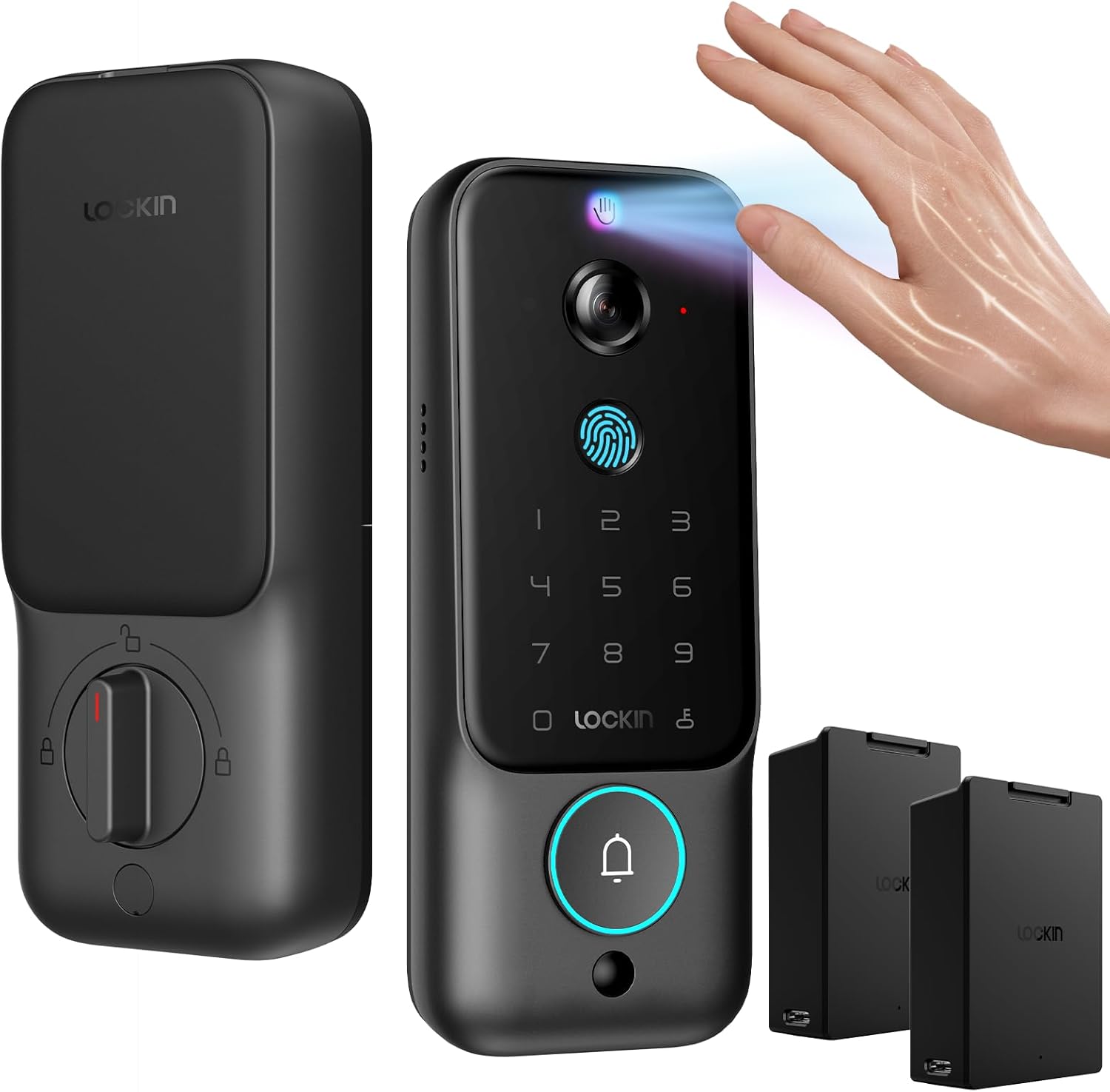 Veno Plus Smart Lock with Dual Swappable Batteries, 6-Month Power, 2K 180° Camera & Video Doorbell, Palm Vein/Fingerprint Entry, Built-in WiFi, App Control, No Subscription Dual Batteries Palm Vein+8G Local Storage Black