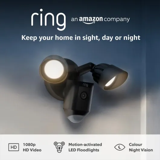 Floodlight Cam Wired Plus - Outdoor Security Camera 1080p HD Video, LED Floodlights, Siren, Wifi, Hardwired - alternative to CCTV system - 30-day free trial of Ring Subscription - Black Plus Black 1-Camera System