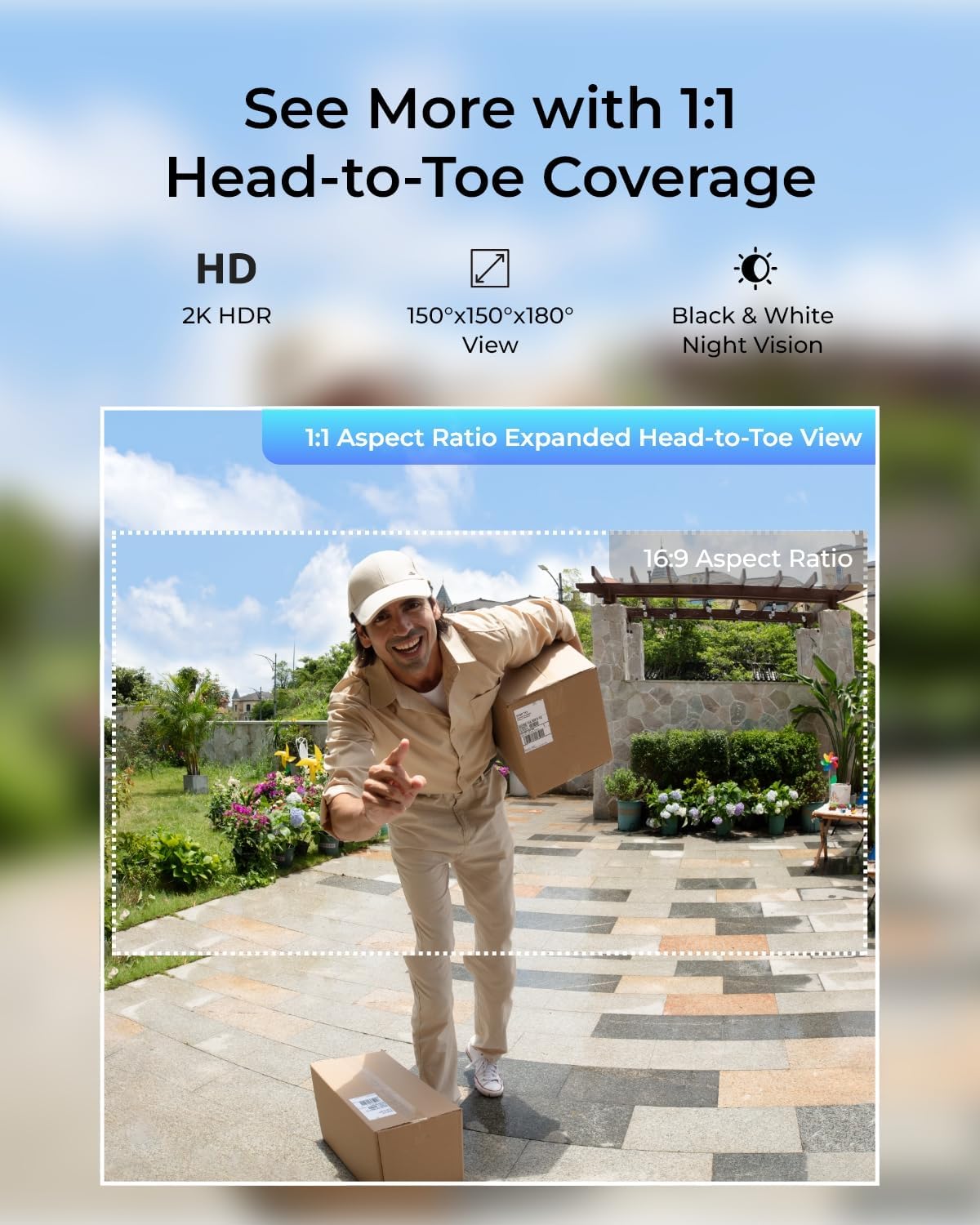 2K Battery Doorbell Camera Wireless, Video Doorbell Camera, 1:1 Head-to-Toe View, Live Video Call, Package Recognition, 2.4/5GHz Wi-Fi, No Monthly Fee For Local Storage, White