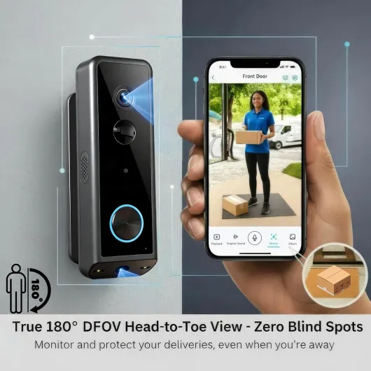 Battery Video Doorbell Wireless - 2K 180° Full View Battery Powered or Wired Doorbell Camera with Night Vision, Device Sharing, Two-Way Talk, Live Alerts, Works with Alexa, No Subscription Fee 2k 5mp Battery & Wired