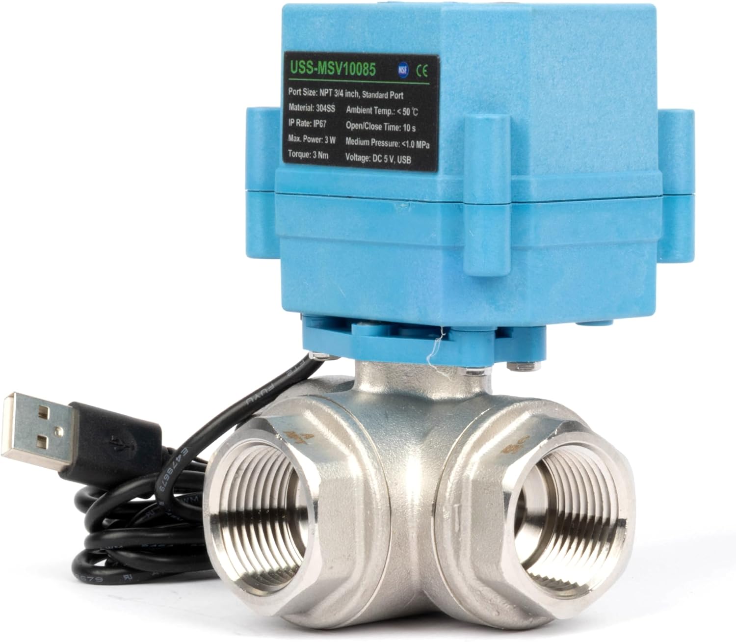 U.S - Solid WiFi Smart Motorized Ball Valve 1/2 inch NPT for Water Control & Irrigation, 3 Way Brass Electric Valve, USB Powered, LED Status Indicator, Flow Direction Window, Remote On/Off Control Stainless Steel 3/4 Inch