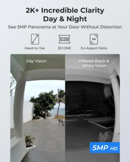 2K Wi-Fi Doorbell Camera with Chime, 180° View, 2-Way Audio, Person/Package Detection, Waterproof, Smart Alerts, Hub Compatible, Wired Power Supply White