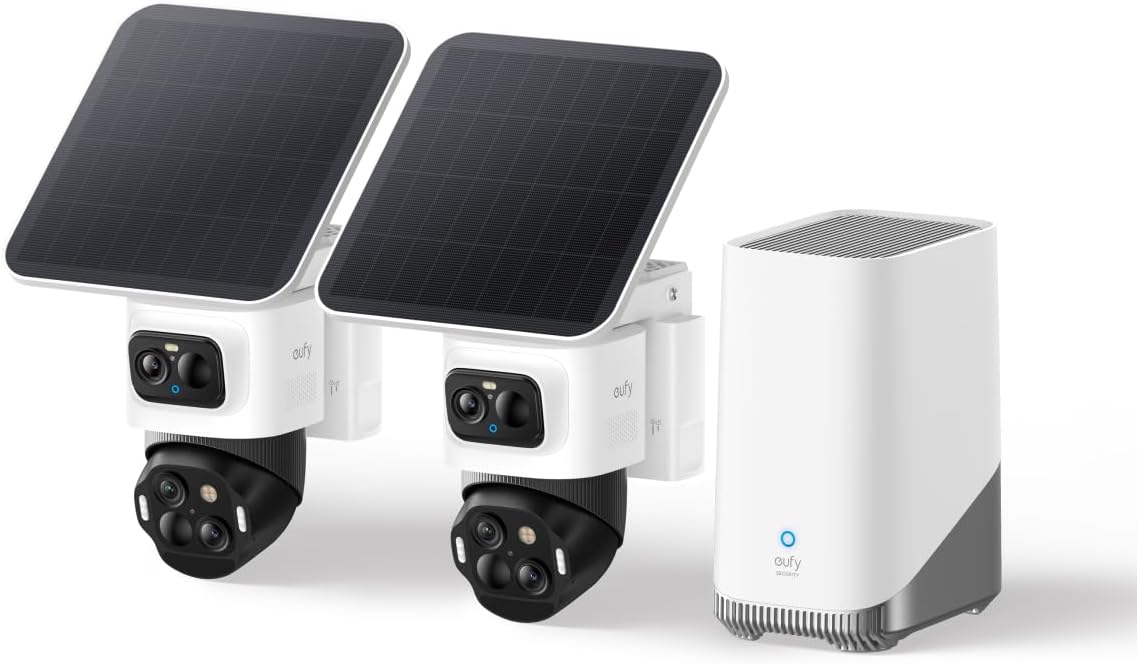EufyCam S4 2-Cam Kit, Video Doorbell E340 Dual Cameras,Solar Security Camera Wireless Outdoor, Triple-Lens Bullet-PTZ Cam,360° Pan and Tilt, Auto Track, Expandable Storage