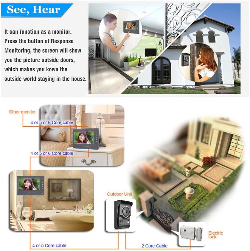 Video Intercom System, Wired 7 Inches Monitor Video doorphone Doorbell System,Video Door Phone HD Camera Kits Support Unlock, Monitoring, Dual-Way Intercom for Villa House Office Apartment 1 Camera 1 Monitor