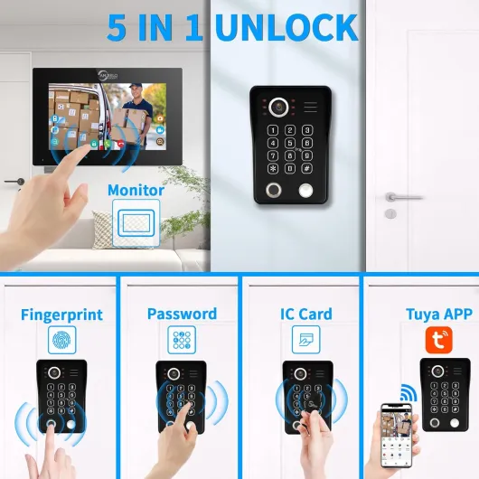 Video Door Phone intercom, 10 Inch Touch Monitor with Wired 1080P doorbell System, Supports Fingerprint, RFID Card, Password, with electromagnetic Lock, Use with TUYA APP