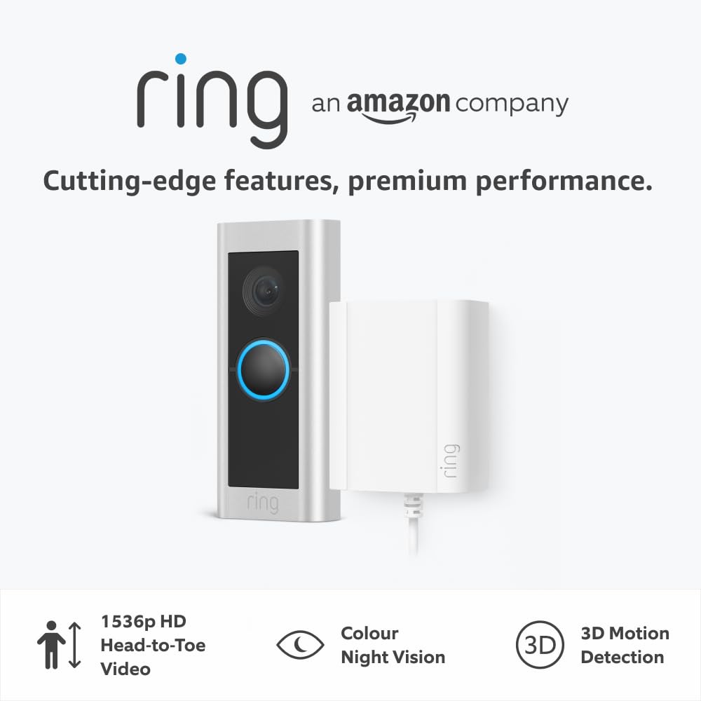 Wired Video Doorbell Pro (Video Doorbell Pro 2) + Plug-In Adaptor - Doorbell camera 1536p HD, Head to Toe Video, 3D Motion Detection, Bird's Eye View - 30-day free trial of Ring Home Plug-In Device only