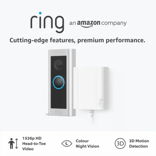 Wired Video Doorbell Pro (Video Doorbell Pro 2) + Plug-In Adaptor - Doorbell camera 1536p HD, Head to Toe Video, 3D Motion Detection, Bird's Eye View - 30-day free trial of Ring Home Plug-In Device only