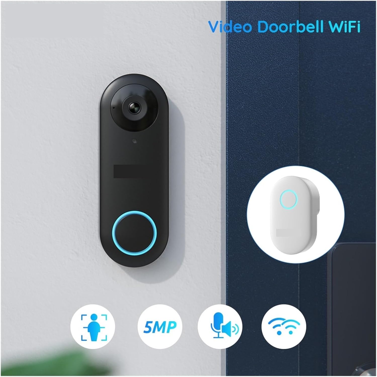ThikK Video Doorbell WIFI Smart 2K 5MP Person Detection 24/7 Record Built Speaker Waterproof 2.4/5GHz WiFi Doorbell With Chime(A/U) A/U Wifi Doorbell Chime