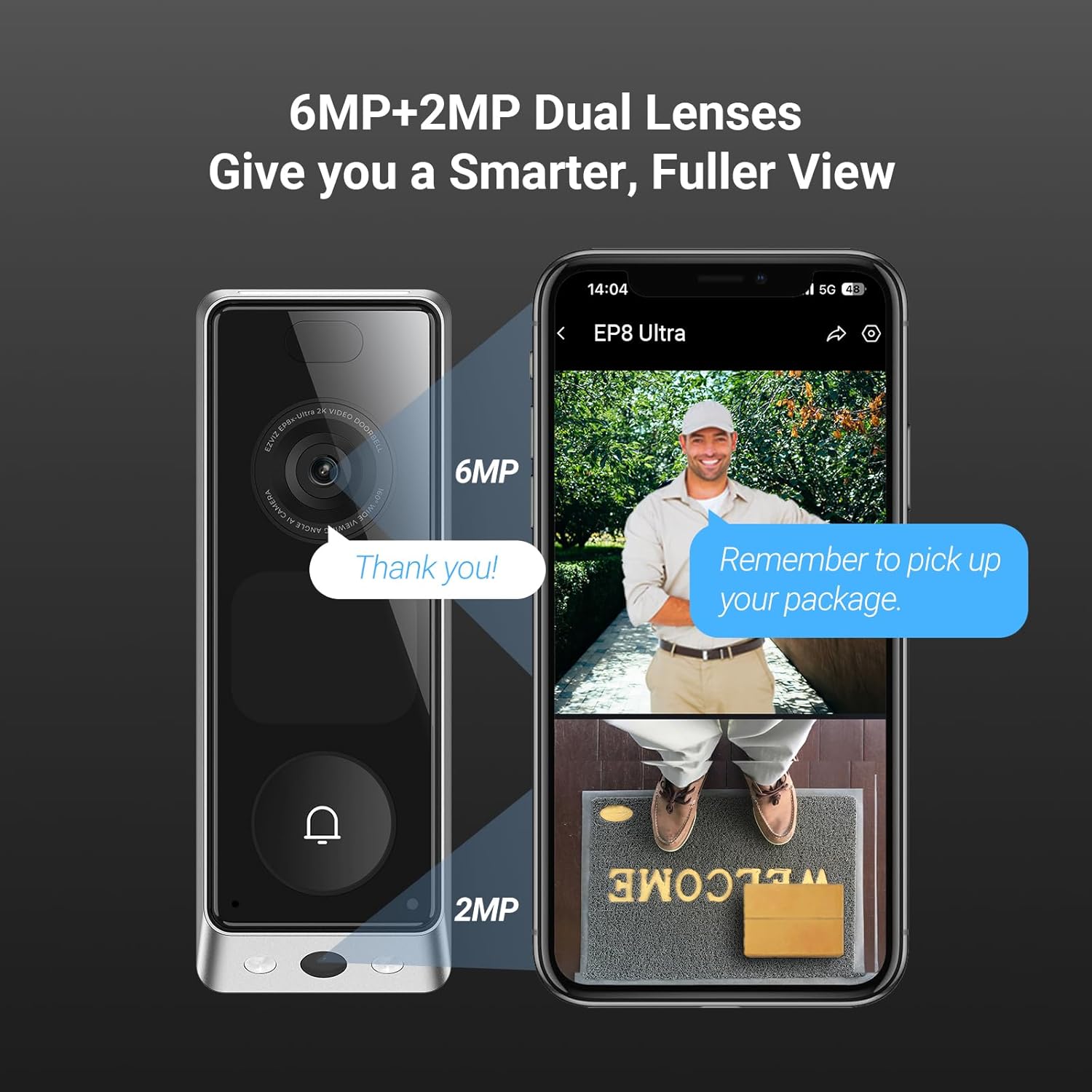 Video Doorbell Dual Camera 6MP & 2MP with Chime, WLAN Bell Wireless, 2 x 9600 mAh Battery, Integrated Screen, Person/Parcel Detection, 32 GB Internal Memory, Colour Night Vision, EP8 Ultra Black