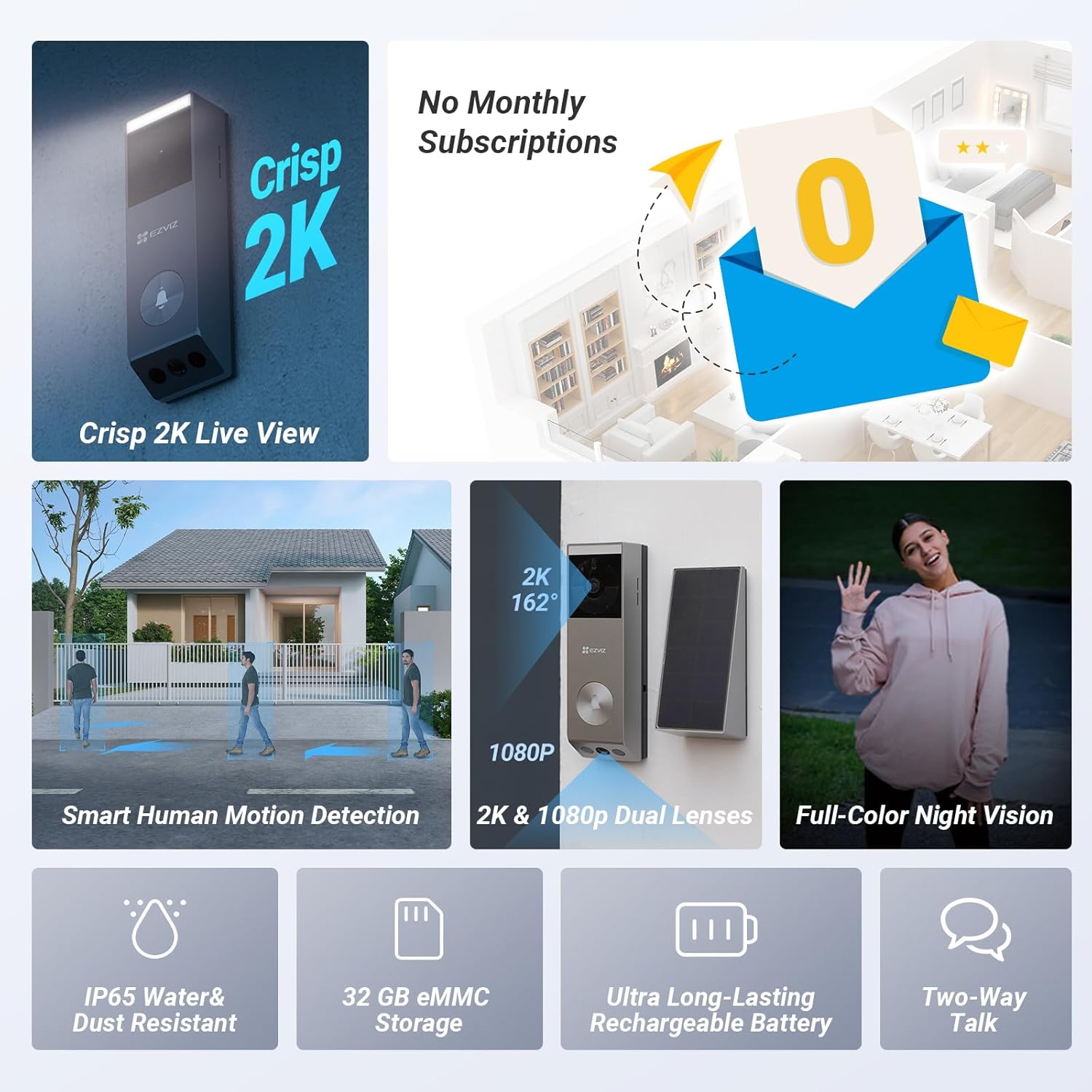 2K Video Doorbell Camera Wireless, 2.4GHz Wi-Fi, No Subscription, AI Human Package Detection, Colour Night Vision, 5200mAh Battery Capacity with Solar Panel, IP65 Waterproof (EP3X Pro Chime Kit)