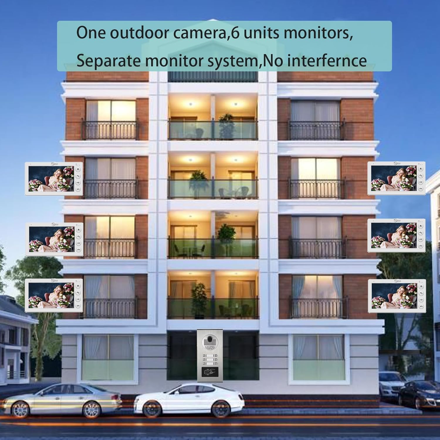 Wired Video Door Phone Intercom System, Door Entry System with 6 * 7 Inches Monitors,Indoor Outdoor Video Doorbell,Night Vision,2-Way Audio,Swipe Card Unlock for Home Apartment(1 Doorbell+6 Monitor)