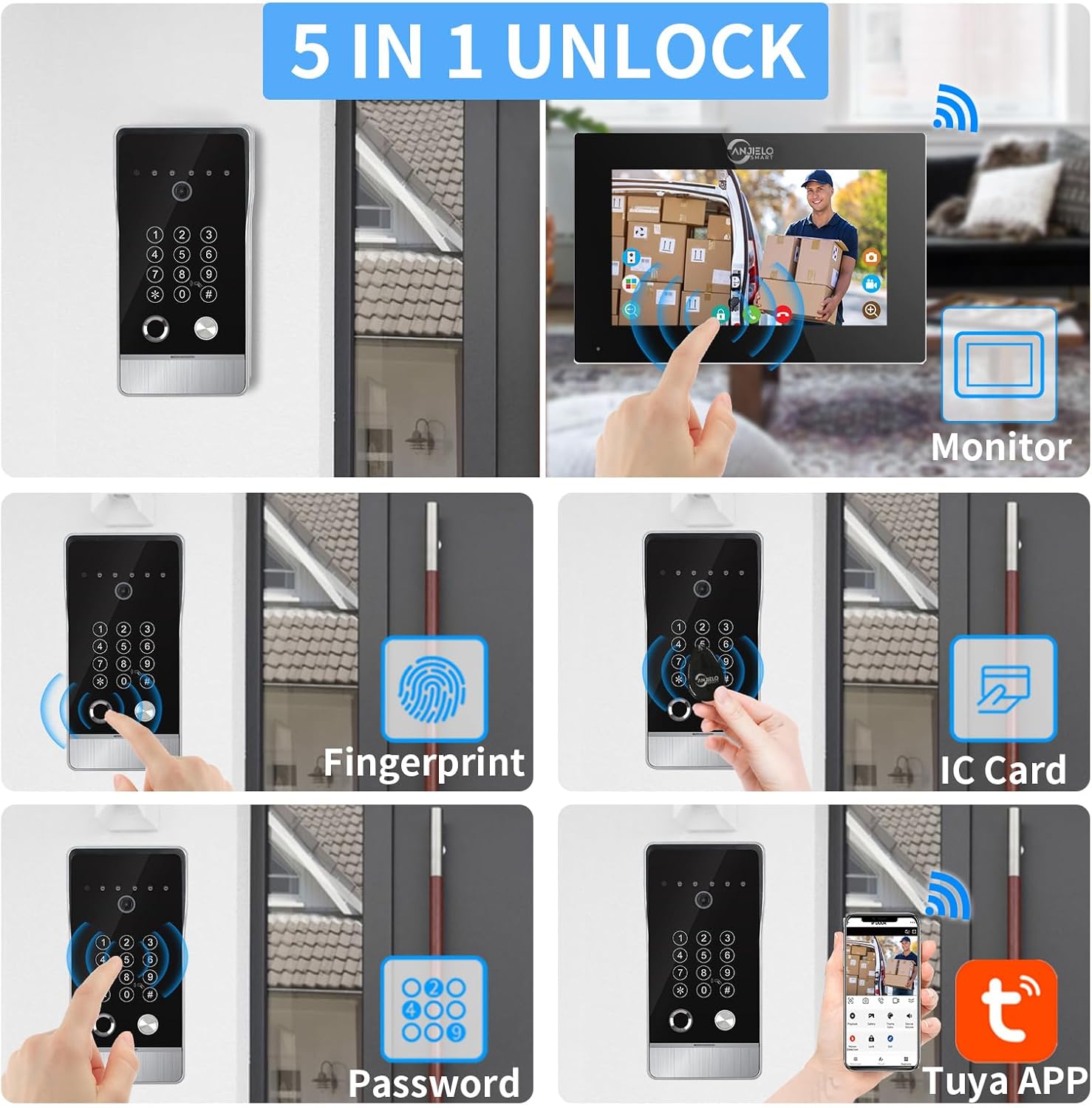 Tuya Video Doorbell Apartment Intercom System,WiFi 7 Inch Touch Screen Monitor with Wired 1080P doorbell, 5 in 1 Unlock, Support Fingerprints, RFID Cards, Passwords,for Home Villa