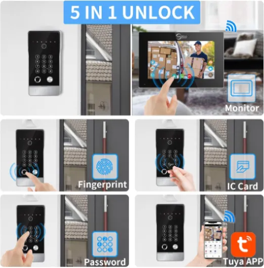 Tuya Video Doorbell Apartment Intercom System,WiFi 7 Inch Touch Screen Monitor with Wired 1080P doorbell, 5 in 1 Unlock, Support Fingerprints, RFID Cards, Passwords,for Home Villa