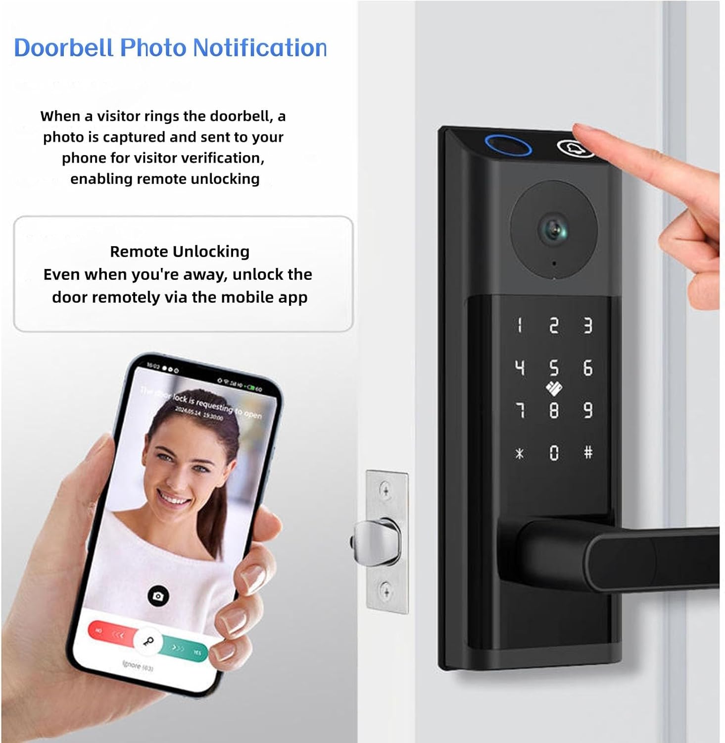 Video Smart Door Lock with Doorbell, Touchscreen, Video Calling, Remote Control via App, Fingerprint, Password, Key, IC Card, Keyless Fingerprint Door Lock with Camera, Suitable for Front Door, Black