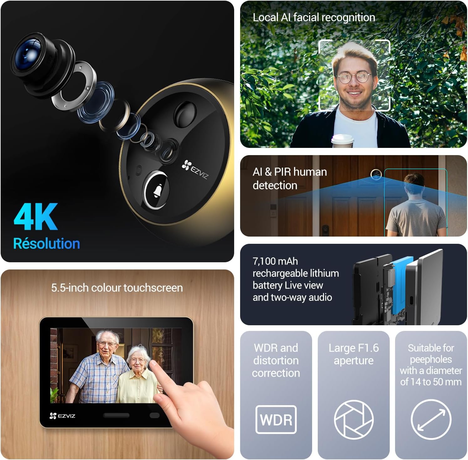4K AI Smart Peephole Camera Wireless Door Viewer, Facial Recognition Human Detection, 155° Wide View WDR, Two-Way Talk Weatherproof, 512G Storage No Monthly Fee, Easy Install 14–50mm Doors (EP4) Gold