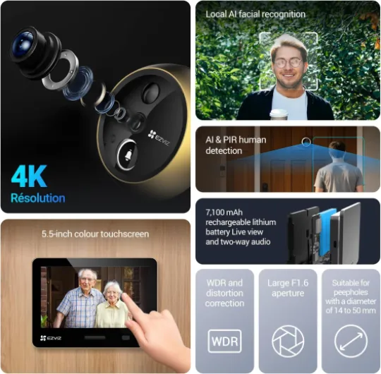 4K AI Smart Peephole Camera Wireless Door Viewer, Facial Recognition Human Detection, 155° Wide View WDR, Two-Way Talk Weatherproof, 512G Storage No Monthly Fee, Easy Install 14–50mm Doors (EP4) Gold