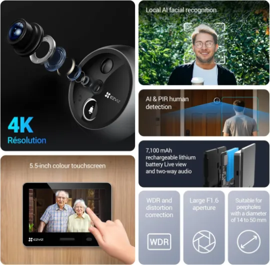 4K AI Smart Peephole Camera Wireless Door Viewer, Facial Recognition Human Detection, 155° Wide View WDR, Two-Way Talk Weatherproof, 512G Storage No Monthly Fee, Easy Install 14–50mm Doors (EP4) Silver