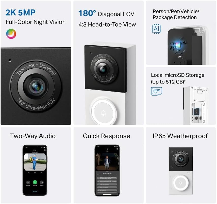 D130 2K 5MP Doorbell Camera Wired, AI Detection,180° Head-to-Toe View, Video Doorbell, No Monthly Fee, 2 Way Audio, IP65 Colour Night View, Ring Chime Included, Google/Alexa, Easy Installation 2K 5MP Doorbell Wired