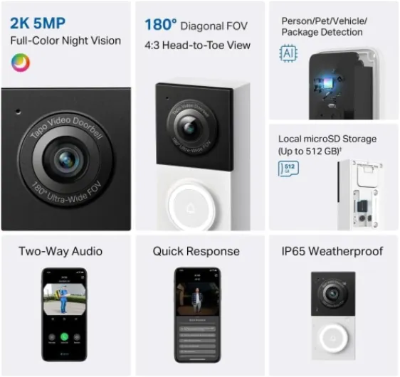 D130 2K 5MP Doorbell Camera Wired, AI Detection,180° Head-to-Toe View, Video Doorbell, No Monthly Fee, 2 Way Audio, IP65 Colour Night View, Ring Chime Included, Google/Alexa, Easy Installation 2K 5MP Doorbell Wired