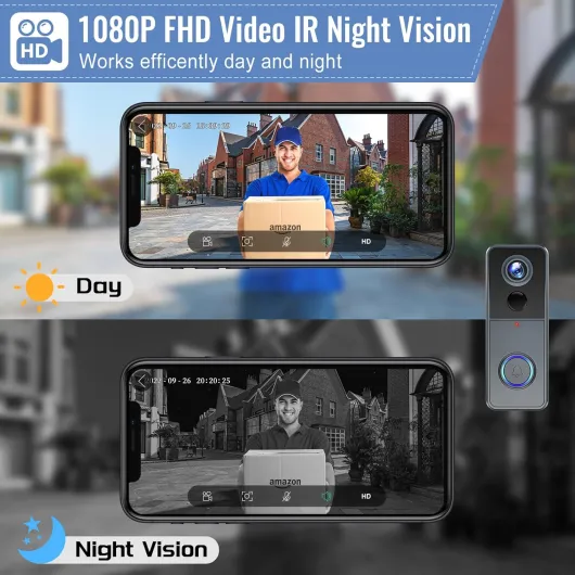 Wireless WiFi Video Doorbell Camera, 2K HD Smart Video Door bell with Camera Battery Operated PIR Motion Detection Night Vision 2-Way Audio Support SD Card