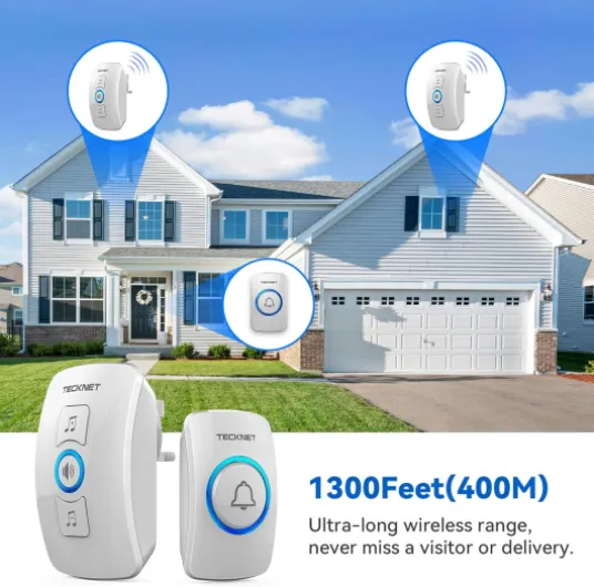 Wireless Doorbell, IP65 Waterproof Wall Plug-in Door Bells Wireless Cordless Chime Kit at 1300-feet Range, 60 Chimes & 5 Level Volume, Battery Operated, Plug in Door Entry Bell White 1