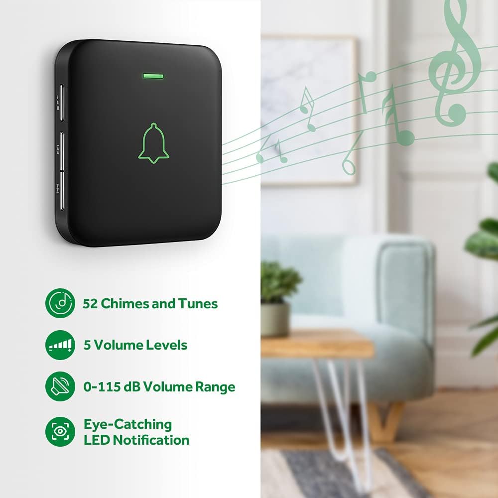 Wireless Doorbell, 1000ft Long Range Door Bells, Mini IP55 Waterproof with 1 Plug-in Receiver, Cordless Doorbell with 5 Levels Volume, 52 Melodies, LED Flash, CB-11 (CR2032 Battery Included) 1 Receiver + 1 Button Black