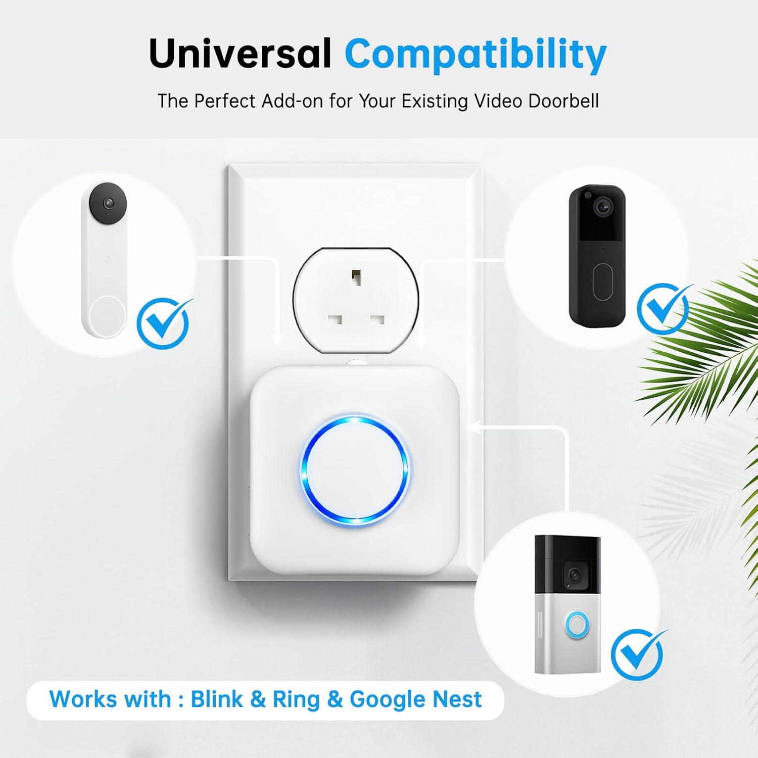 Smart Wireless Doorbell Chime, 2 Pack Doorbell Extender with Receivers - Compatible with Ring & Blink & Google Nest Video Doorbell, 2.4G WiFi, No Wiring Needed, Door Chime for Home White-2pack