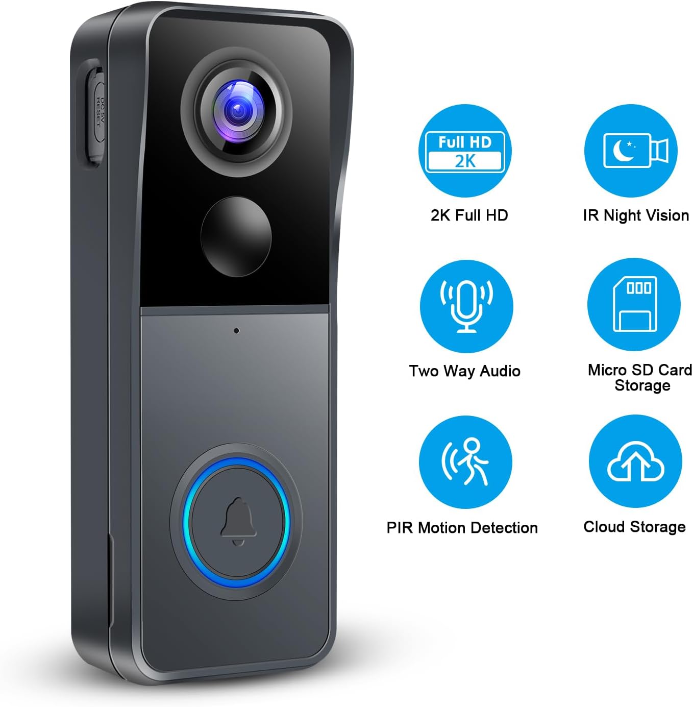 Video Doorbell Wireless Camera Doorbells, 2K HD Smart WiFi Door Bell with PIR Motion Detection, 2-Way Audio, Night Vision, IP66 Waterproof, Support Cloud Storage