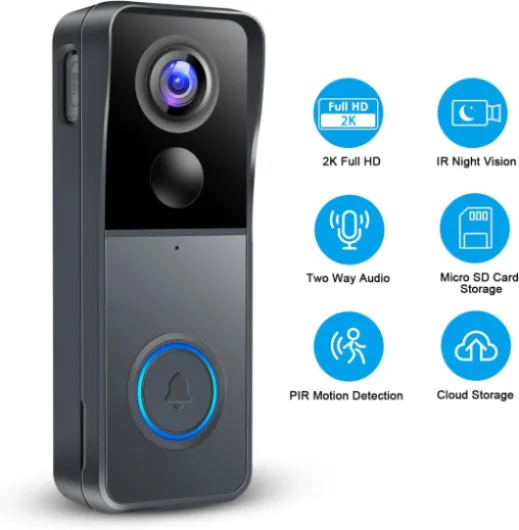 Video Doorbell Wireless Camera Doorbells, 2K HD Smart WiFi Door Bell with PIR Motion Detection, 2-Way Audio, Night Vision, IP66 Waterproof, Support Cloud Storage