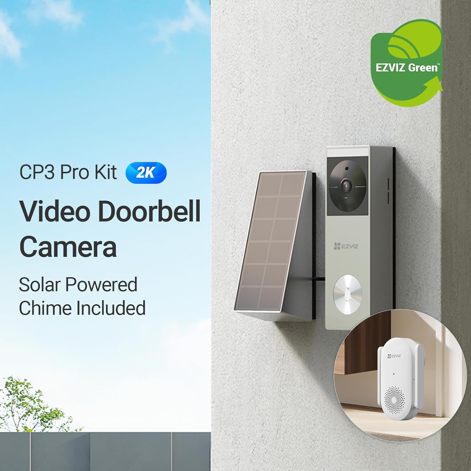 2K Solar Doorbell Camera with Chime and Solar Panel, No Monthly Fee, 8GB Local Storage, 162° Wide View, Wireless & Wired, Colour Night Vision, AI Detection, Front Door Camera (CP3 Pro Chime Kit)