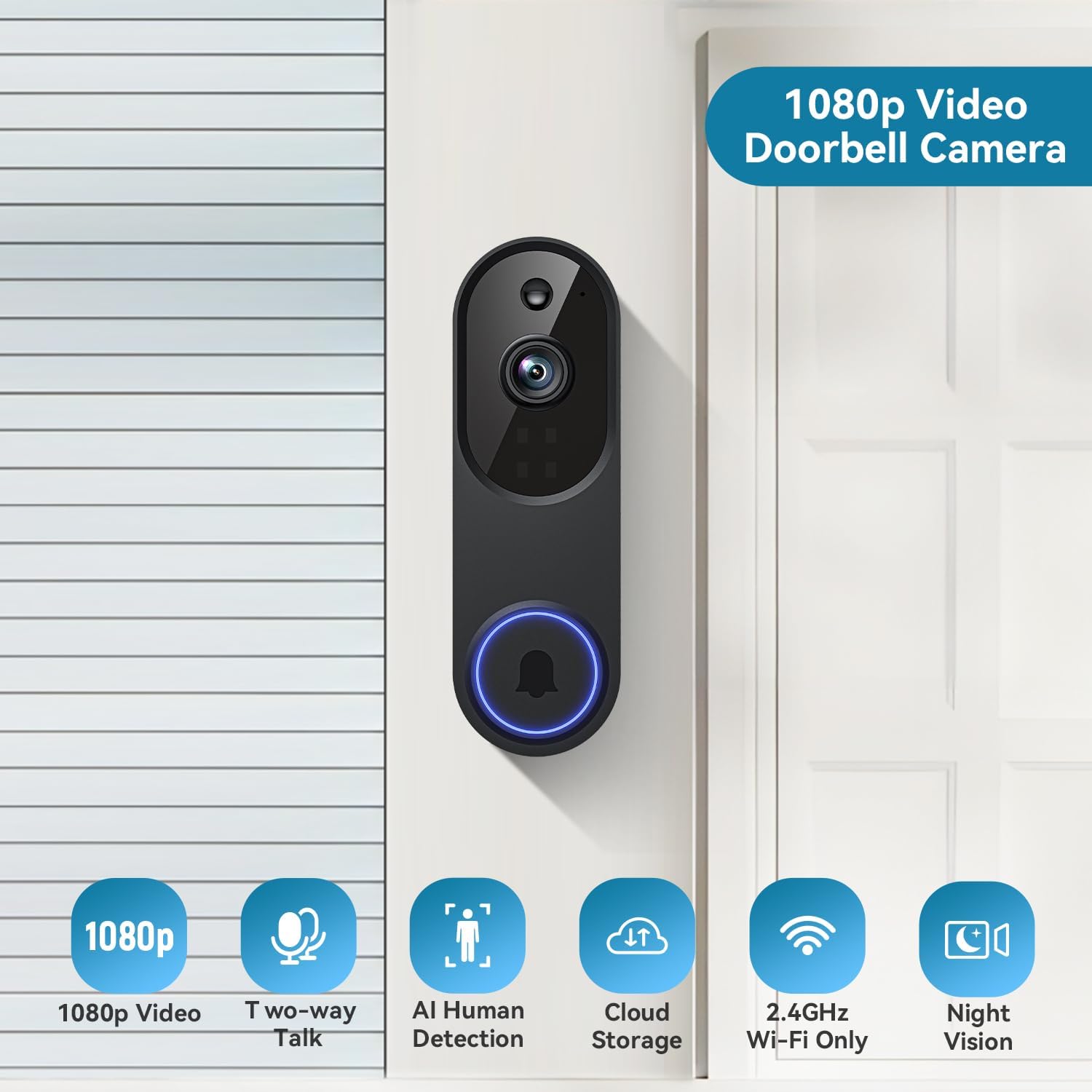 1080P Video Doorbell Camera, Smart Human Detection, Cloud Storage, Chime Included, Live View, 2-Way Audio, IR Night Vision, Wide-Angle Lens, Indoor/Outdoor Surveillance