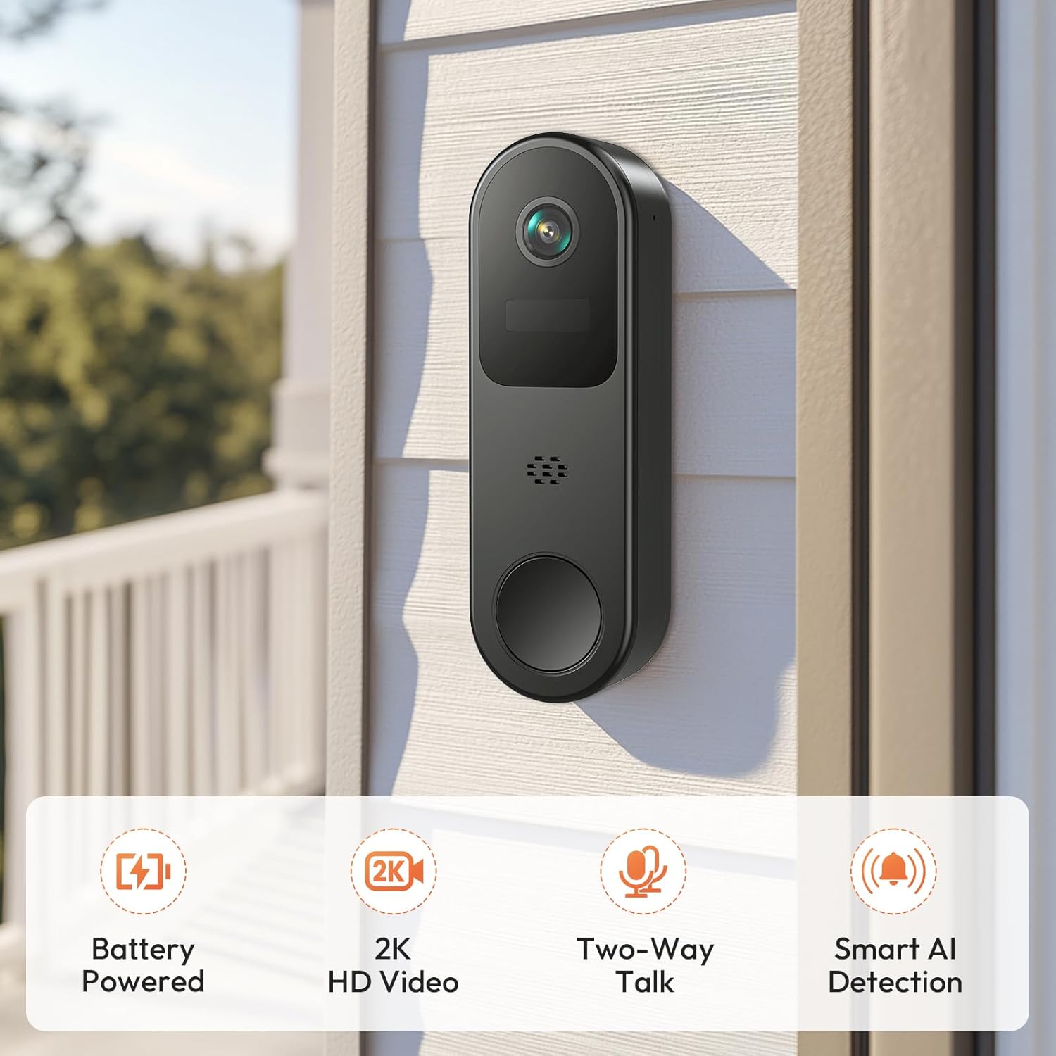 Video Doorbell Camera Wireless, 2K HD Video Door bell Camera with Ring Chime, Smart AI Human Detection, Battery Operated, Night Vision, 2-Way Audio, 2.4G WiFi, Cloud Storage, Works with Alexa Black
