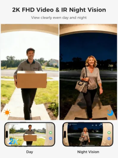 2K HD Wireless Video Doorbell Camera, Real-time View, Two-way Audio,Rechargeable battery 4500mAh,Smart Human Detection, Night Vision, IP65 Waterproof, 2.4G & 5GHz WiFi, Requires kit